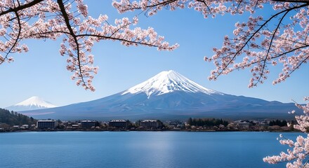 Mount Fuji scenic view with cherry blossom in spring