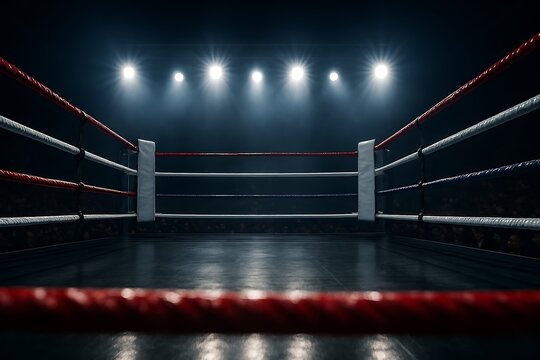 An empty boxing ring glows under bright spotlights, its ropes red, white and blue ready for action.