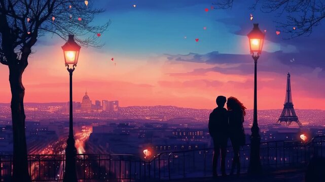 Romantic couple with heart-shaped air balloons enjoying paris views with the eiffel tower in the background. Beautiful digital illustrative video perfect for valentine's day and love-themed designs.