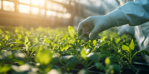 Scientist Examining Plant Growth in Greenhouse, Researcher in Greenhouse Analyzing Sustainable Agriculture, Sustainable Farming Practices with Close-up of Plants