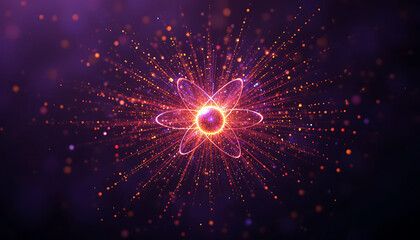 Abstract blust in the middle and tine particles in warm colors spreading from the burst all the way in dark purple background, sparkling, quantum energy theme, negative space on the right , shimmering