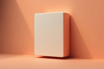 A simple beige rectangular block casting a shadow against an orange wall, suggesting a minimalist design concept