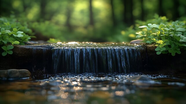 Serene natural scene: Small waterfall/stream surrounded by lush green leaves, water cascading over rocks, ripples and reflections in pool, light reflections, blurred green background with faint glow