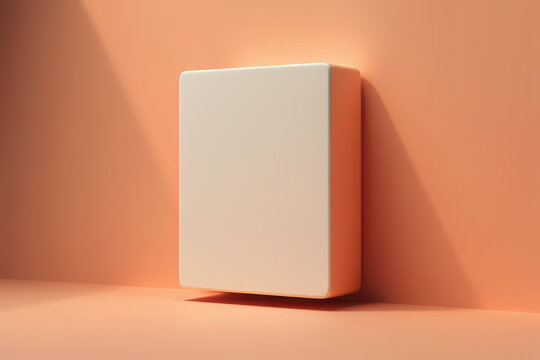 A simple beige rectangular block casting a shadow against an orange wall, suggesting a minimalist design concept