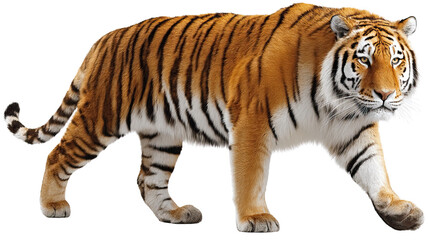 Obraz premium Majestic Tiger in Motion: A vibrant depiction of a magnificent tiger prowling forward, its muscular physique and distinctive stripes radiating power and grace. 