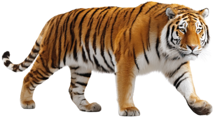 Majestic Tiger in Motion: A vibrant depiction of a magnificent tiger prowling forward, its muscular physique and distinctive stripes radiating power and grace. 