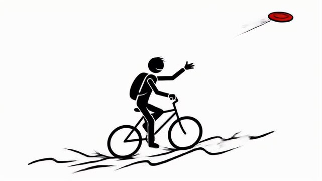 Stick Figure Cyclist Reaching for Red Frisbee on White Backdrop a Symbol of Sport and Fun a Graphic Illustration of Outdoor Activities and Recreation with Energetic Stick Figure Riding Bicycle