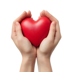 Obraz premium A pair of hands gently holding a bright red heart against a dark background view