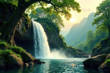 Serene Waterfall Cascading into a Tranquil Emerald Pool Surrounded by Lush Greenery and Majestic Mountains at Sunset