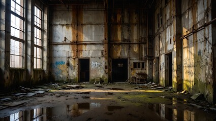 Obraz premium Abandoned Industrial Building with Water Reflection and Natural Light Exploring Urban Decay and Forgotten Spaces