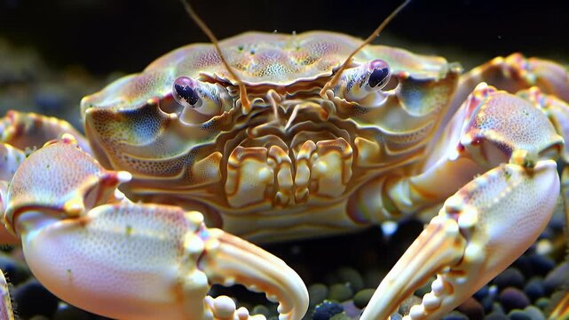 Macro Close-up Portrait of a Pale Freshwater Crab with Intricate Shell and Striking Eyes