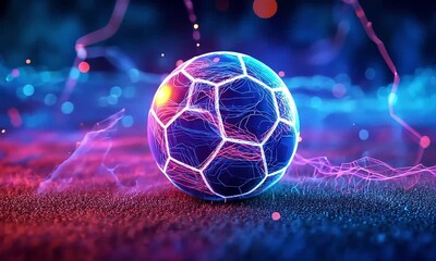 Glowing soccer ball with neon lines on grass with abstract background and bokeh lights effect - Powered by Adobe
