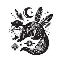 Asian Small Clawed Otter Silhouette with Intricate Mandala Cutout Patterns Clean Black Vector Wildlife Art Design