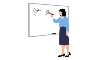 Faceless businesswoman in a blue shirt and skirt writing on a whiteboard with a marker.