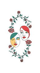 Delicate floral embrace surrounds symmetrical faces with contrasting emotions and colors in a modern artistic interpretation