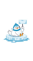 Naklejka premium Cute cartoon penguin wearing a winter hat and scarf sits on an ice floe holding a blank sign