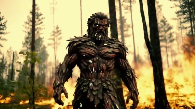 forest man carved from living wood walks through a burning forest, extinguishing flames with a breath regrowing trees behind him. 4k video