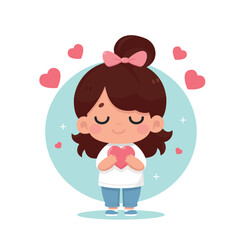 Young Girl Holding a Heart Symbol Surrounded by Hearts Illustration