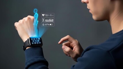 A young man interacts with a futuristic holographic interface projected from his smart watch He swipes up on the screen He is wearing a dark - Powered by Adobe