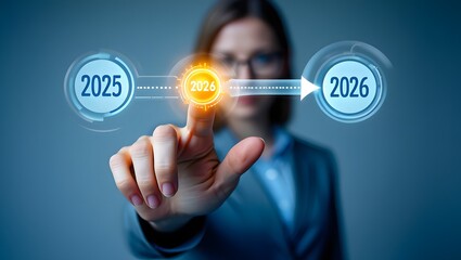 Woman s finger touches digital interface connecting 2025 to 2026