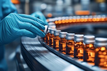 Pharmacist scientist with sanitary gloves examining medical vials on a production line conveyor belt in a pharmaceutical healthcare factory, Generative AI