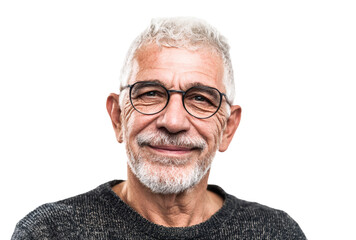 Obraz premium A close-up portrait shows a cheerful elderly man with white hair, gray beard, and eyeglasses wearing a dark sweater against a plain background.