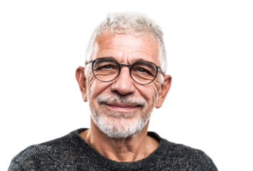 A close-up portrait shows a cheerful elderly man with white hair, gray beard, and eyeglasses wearing a dark sweater against a plain background.