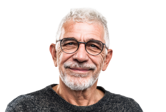 A close-up portrait shows a cheerful elderly man with white hair, gray beard, and eyeglasses wearing a dark sweater against a plain background. - Powered by Adobe