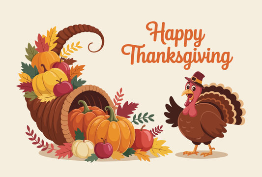Happy thanksgiving greeting with a cornucopia and a pilgrim turkey