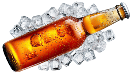 Chilled Beer on Ice: A condensation-covered bottle of ice-cold beer rests amidst a bed of glistening ice cubes, showcasing the refreshing and invigorating essence of summer refreshment.