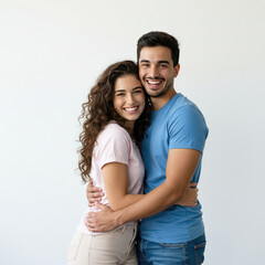 Couple Smiling And Hugging, Casual Clothes, Standing Pose On White Background