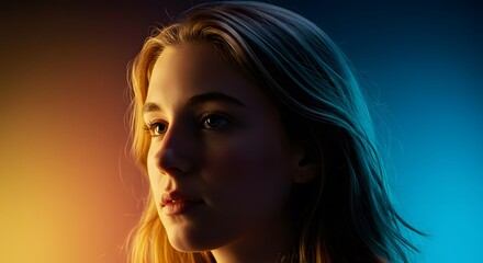 Naklejka premium Close-up portrait of a young woman, highlighting her thoughtful expression against a backdrop of vibrant color gradients.