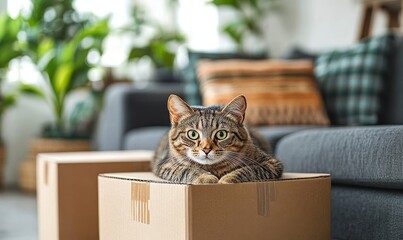 House-moving concept, featuring a cat hiding in a cardboard box during a move. The image captures the charm of pet companionship during relocation, Generative AI