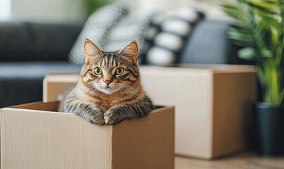 House-moving concept, featuring a cat hiding in a cardboard box during a move. The image captures the charm of pet companionship during relocation, Generative AI