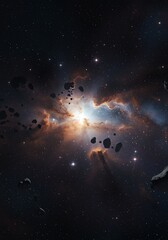 Obraz premium Vast Space Nebula with Bright Central Explosion and Floating Asteroids
