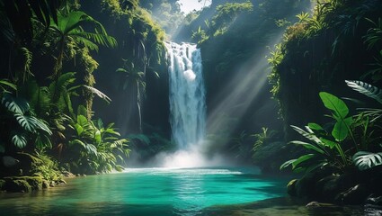 Majestic Hidden Tropical Waterfall Cascading into a Turquoise Lagoon, Jungle Paradise with Sunbeams