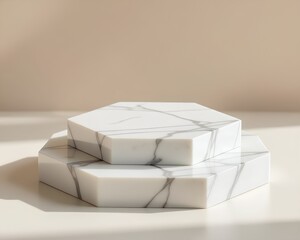 A luxurious, empty, two-tiered hexagonal white marble podium on a beige background with soft sunlight, perfect for a modern cosmetic or jewelry product display mockup.