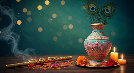 Elegant Krishna Janmashtami Celebration Still Life with Flute Peacock Feathers and Candles for Festive Hindu Holiday Background