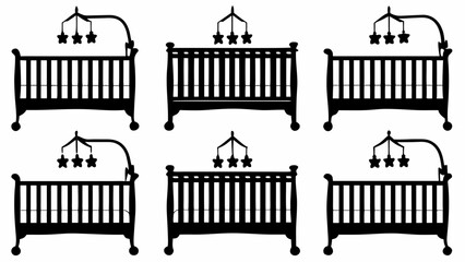 A group of six black silhouette baby cribs with star mobiles arranged in a pattern on a white background