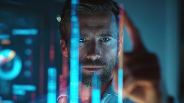 Businessman Analyzing Data with Futuristic Digital Interface.