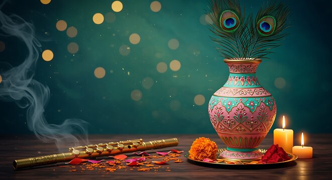 Elegant Krishna Janmashtami Celebration Still Life with Flute Peacock Feathers and Candles for Festive Hindu Holiday Background
