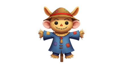 A charming and friendly scarecrow character with a patched hat and blue tunic stands ready to greet visitors.