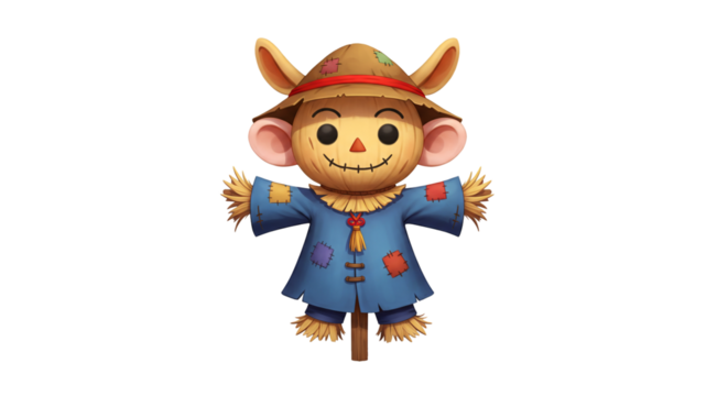 A charming and friendly scarecrow character with a patched hat and blue tunic stands ready to greet visitors.