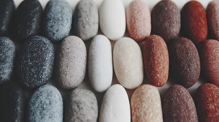 Close-up view of various colored stones arranged in rows.
