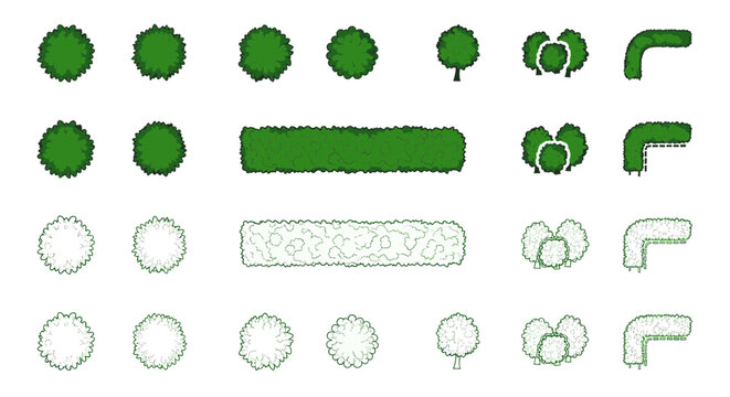 A collection of top-down view symbols for trees and hedges used in landscape architecture and garden design plans.