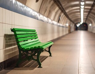 A solitary green bench sits in a long, tiled, dimly lit subway tunnel