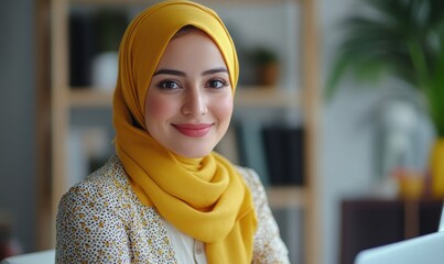 Happy young hijabi woman working remotely on a virtual video team meeting call, promoting flexible remote work culture, Generative AI