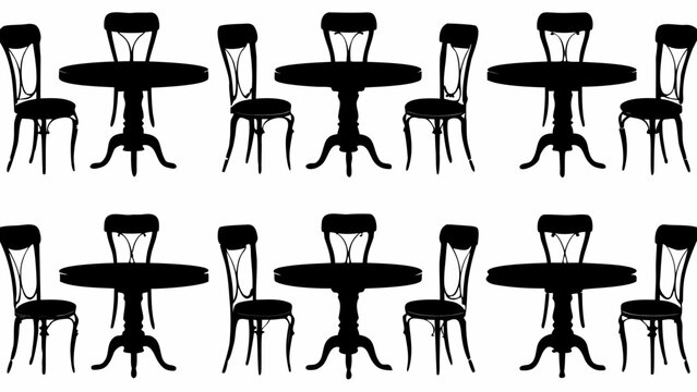 Illustration featuring multiple sets of tables and chairs arranged in a symmetrical pattern design layout silhouette
