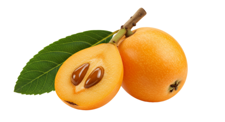 Sweet and tangy loquat fruit, with a whole piece and a half displaying its edible pulp and shiny seeds, alongside a green leaf.