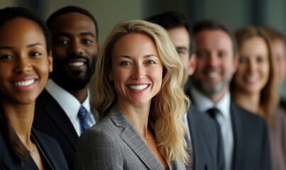 Diverse and inclusive group of financial businesspeople smiling at a team-building workshop event in the office. The image promotes workplace race inclusion and diversity, Generative AI